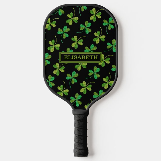  Cute Shamrock Pattern Green and Black Custom Name Pickleball Paddle (Front)