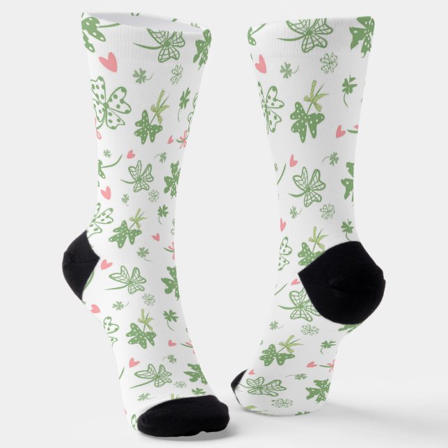 Cute Shamrocks and Pink Bows and Hearts Socks (Angled)