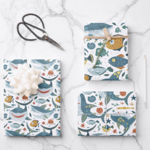Cute Shark and Fish Pattern Wrapping Paper Sheet