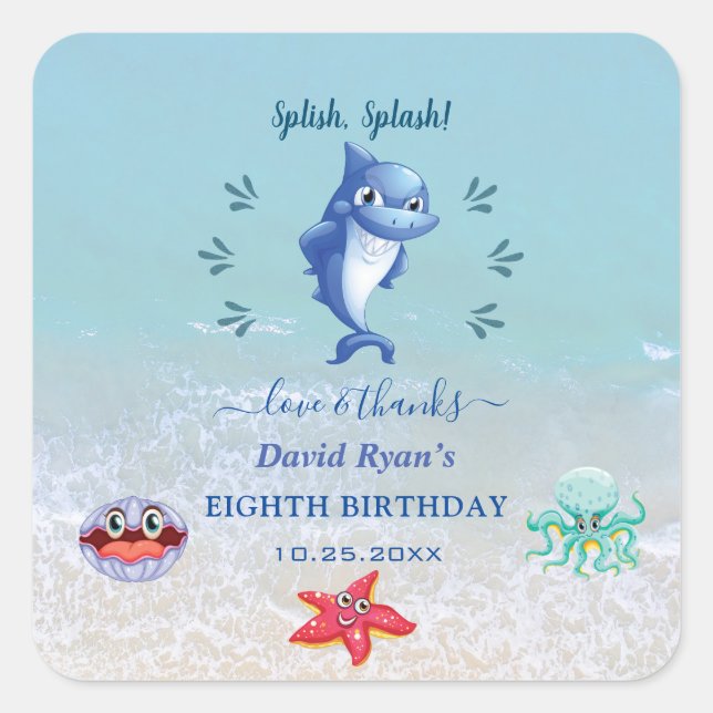Cute Shark And Friends Boy Pool Birthday Party Square Sticker (Front)