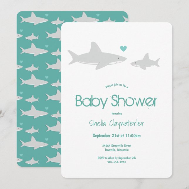 Cute Shark Animal Green Baby Shower Invitation (Front/Back)