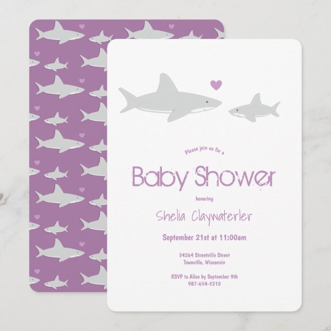 Cute Shark Animal Purple Baby Shower Invitation (Front/Back)