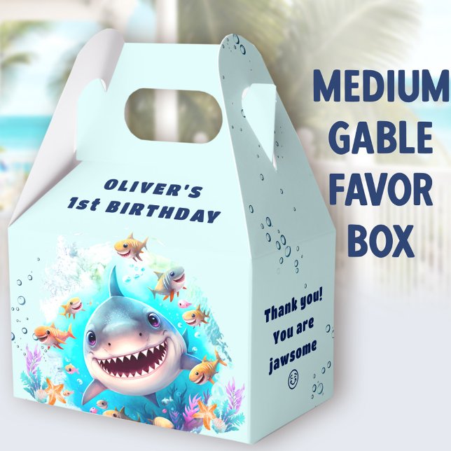 Cute Shark Baby Boy 1st Birthday Medium Gable Favour Box (Shark Light Blue Medium Gable Favor Boxes - You can choose from 3 sizes of these gable favor boxes)