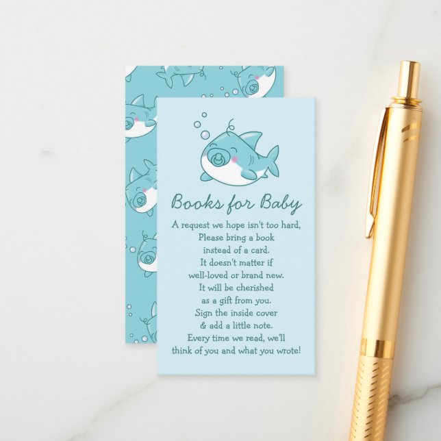 Cute Shark Baby Shower Kawaii Blue Boy Books Enclosure Card (Front/Back In Situ)