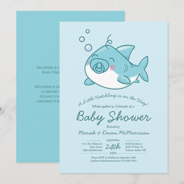 Cute Shark Baby Shower Kawaii Blue Boy Invitation (Front/Back)