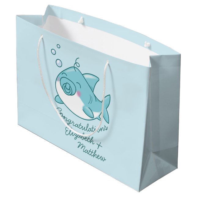 Cute Shark Baby Shower Kawaii Blue Boy Large Gift Bag (Back Angled)