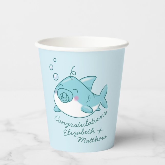 Cute Shark Baby Shower Kawaii Blue Boy Paper Cups (Front)