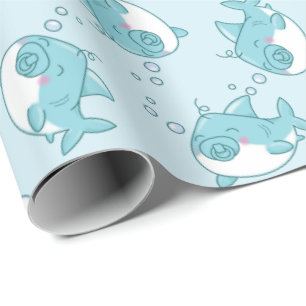 Cute Shark Baby Shower Kawaii Blue Boy Wrapping Paper