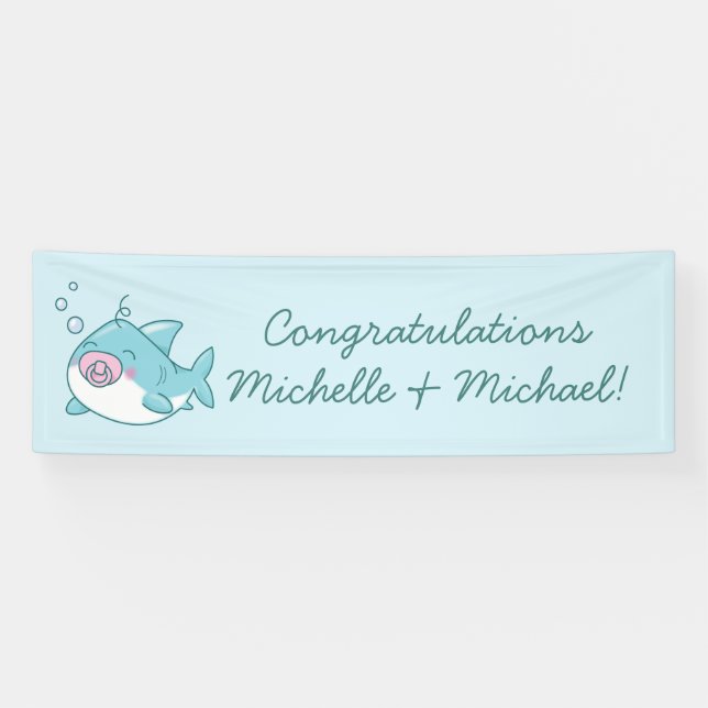 Cute Shark Baby Shower Kawaii Pink Girl Banner (Horizontal)