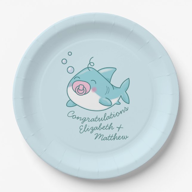 Cute Shark Baby Shower Kawaii Pink Girl Paper Plate (Front)