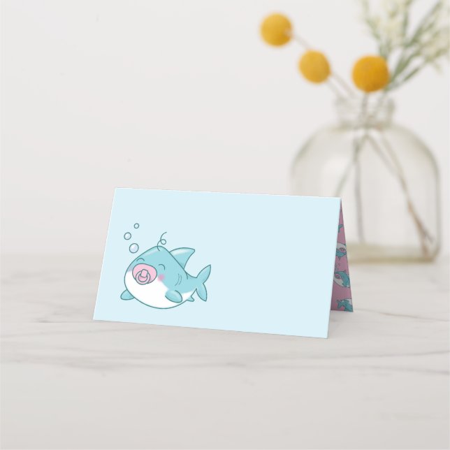 Cute Shark Baby Shower Kawaii Pink Girl Place Card (Front)