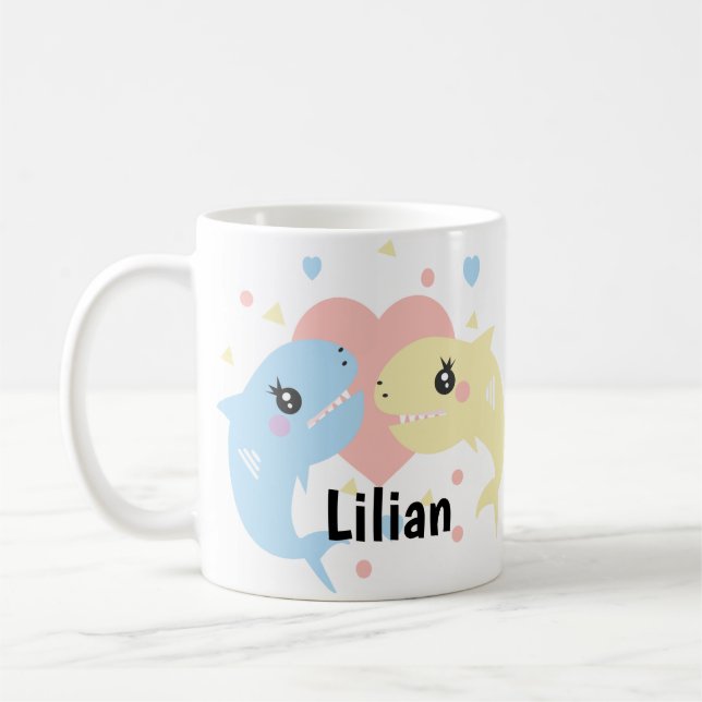 Cute Shark Beach Kids Name Coffee Mug (Left)
