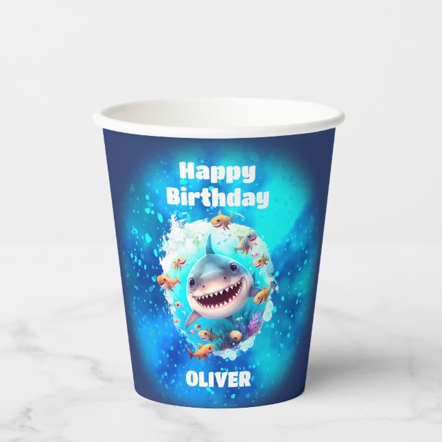 Cute Shark Birthday Personalised Boy  Paper Cups (Front)