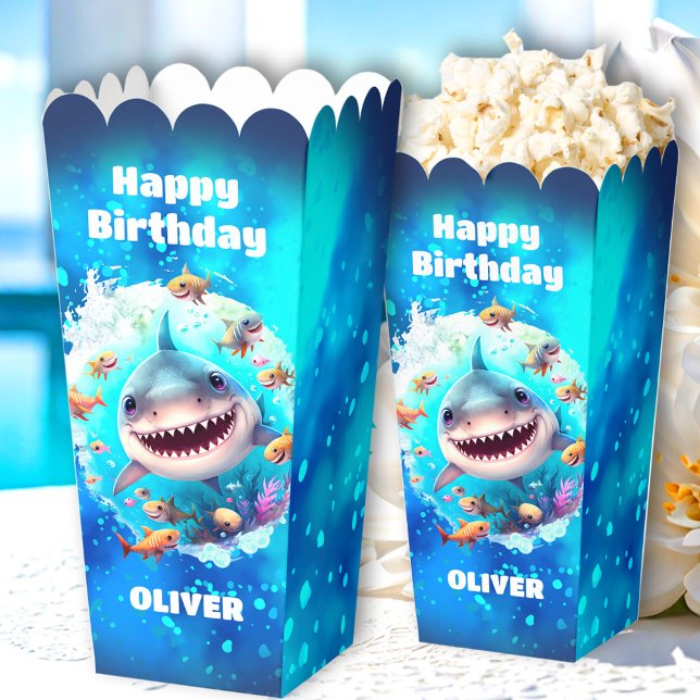 Cute Shark Birthday Personalised Boy Popcorn Favour Box (Cute Shark Birthday Personalized Boy Popcorn Favor Boxes)