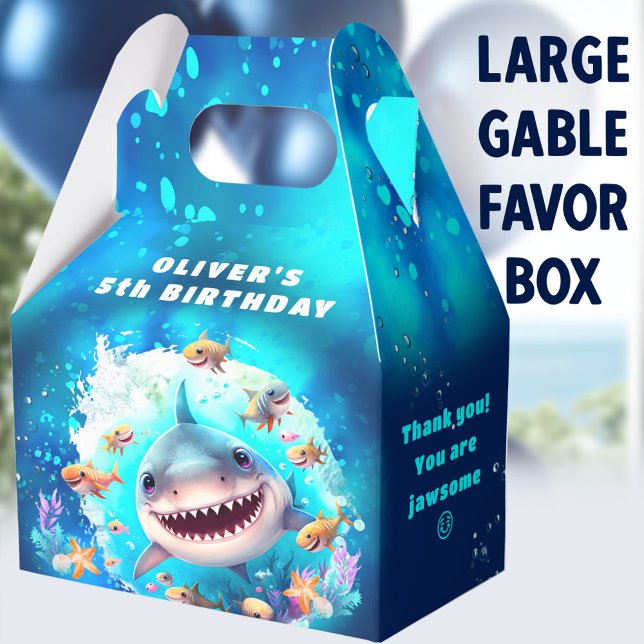 Cute Shark Boy Birthday Blue Large Favour Box (Shark Dark Blue Large Gable Favor Boxes - You can choose from 3 sizes of these gable favor boxes)