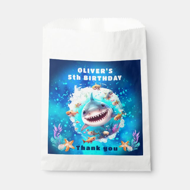 Cute Shark Boy Birthday Blue Party Favour Bags (Front)