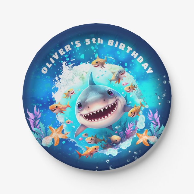 Cute Shark Boy Birthday Party Paper Plate (Front)