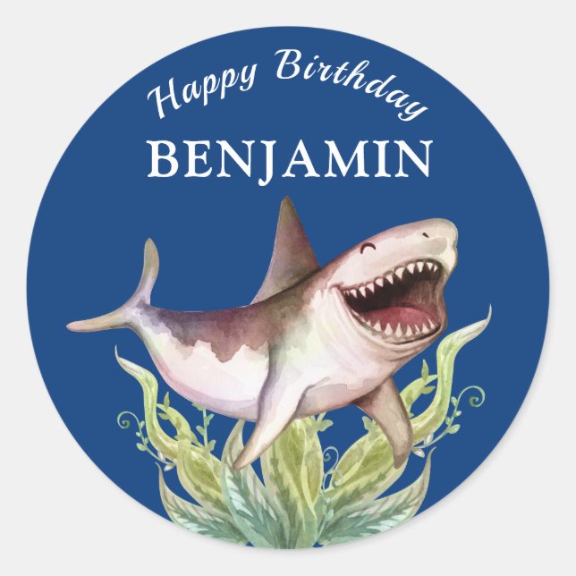 Cute Shark Boys Blue Birthday Party Favour Classic Round Sticker (Front)