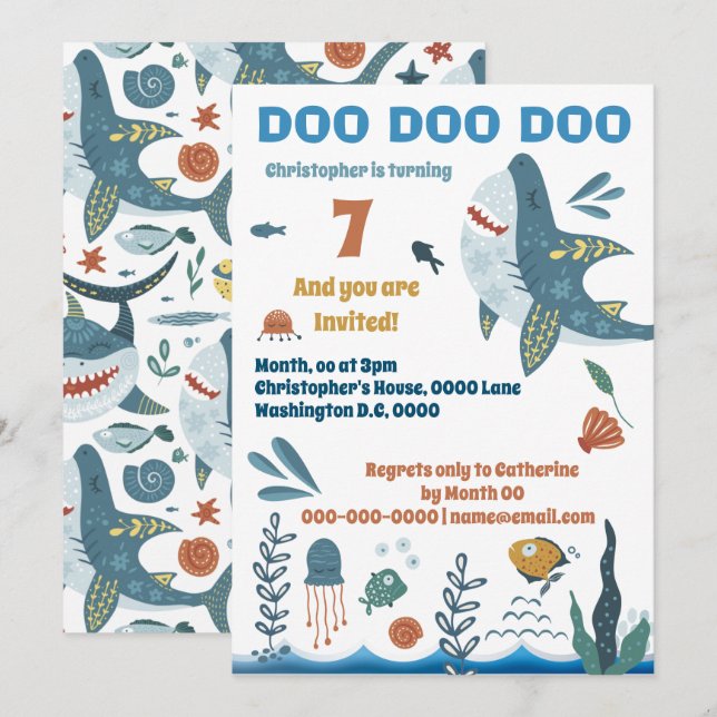Cute shark cartoon illustration kids birthday age invitation (Front/Back)
