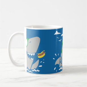 Cute shark cartoon vintage eating a hot dog on blu coffee mug
