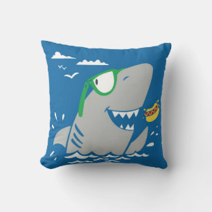 Cute shark cartoon vintage eating a hot dog on blu cushion