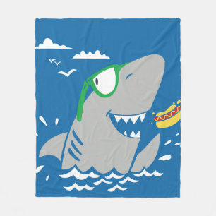 Cute shark cartoon vintage eating a hot dog on blu fleece blanket