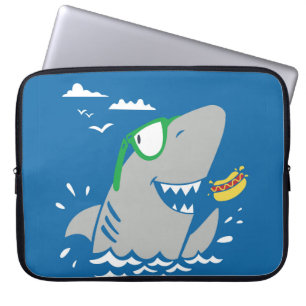 Cute shark cartoon vintage eating a hot dog on blu laptop sleeve