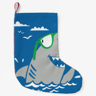Cute shark cartoon vintage eating a hot dog on blu small christmas stocking