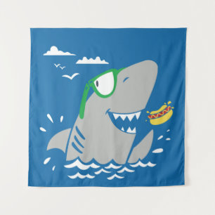 Cute shark cartoon vintage eating a hot dog on blu tapestry