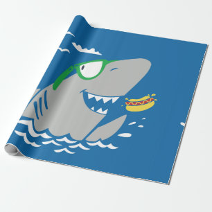 Cute shark cartoon vintage eating a hot dog on blu wrapping paper