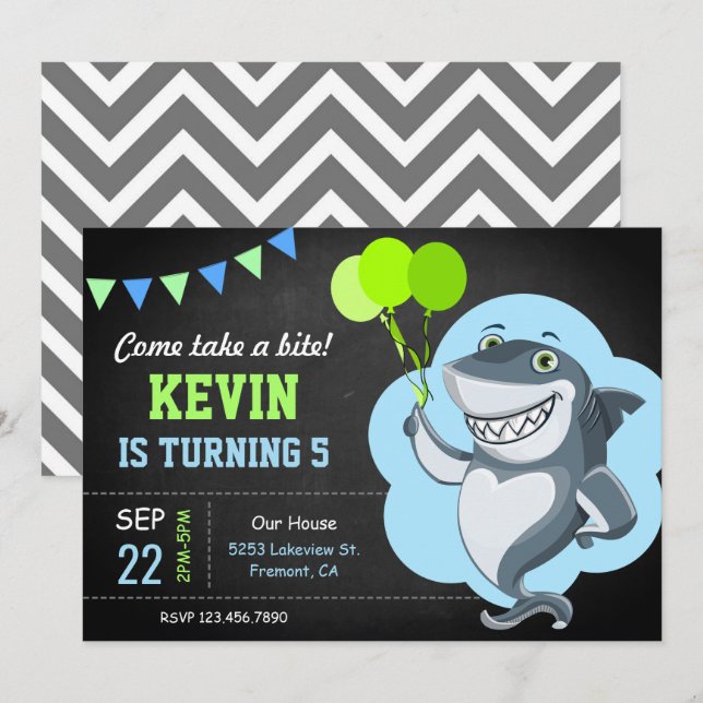Cute Shark Chalkboard Kids Birthday Party Invitation (Front/Back)