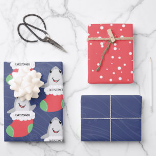 Cute Shark Christmas Stocking Wrapping Paper Sheet