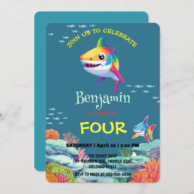 Cute shark colourful rainbow birthday party kids invitation (Front/Back)