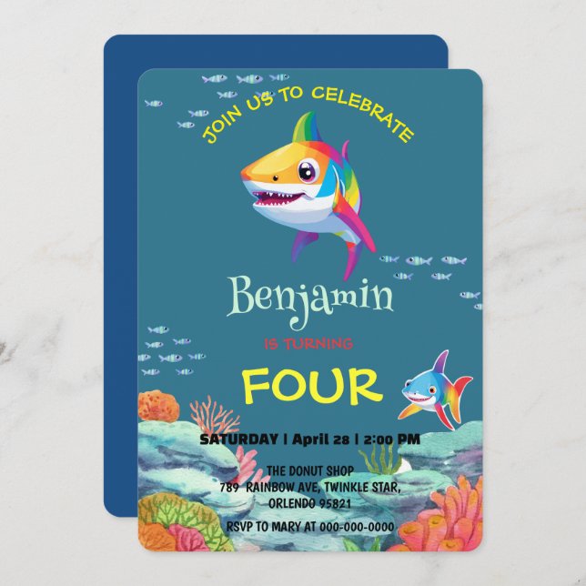 Cute shark colourful rainbow birthday party kids invitation (Front/Back)