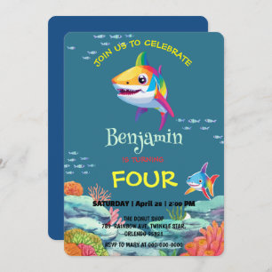 Cute shark colourful rainbow birthday party kids invitation