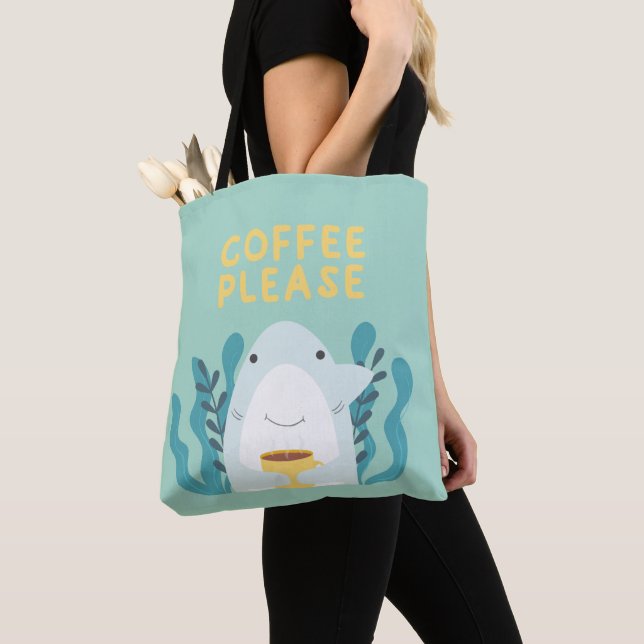 Cute Shark Drinking Coffee Tote Bag (Close Up)