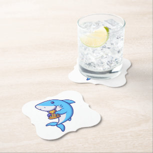 Cute Shark Eating Pizza Paper Coaster