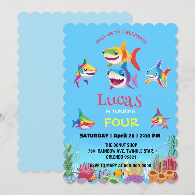 Cute shark fish rainbow colourful birthday party invitation (Front/Back)