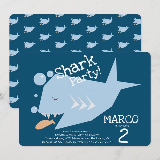 Cute Shark Geometrical Fish Any Age Birthday Blue Invitation (Front/Back)