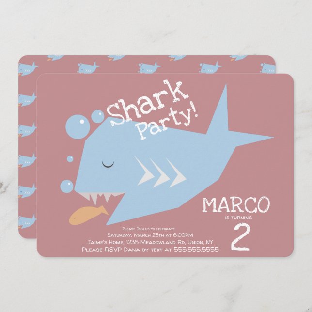 Cute Shark Geometrical Fish Any Age Birthday Blush Invitation (Front/Back)