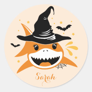 Cute Shark Halloween Witch Custom Name Classic Round Sticker