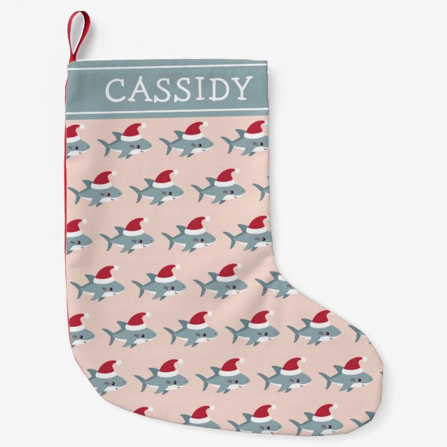 Cute Shark in a Santa Hat Light Pink Personalised Small Christmas Stocking (Front)