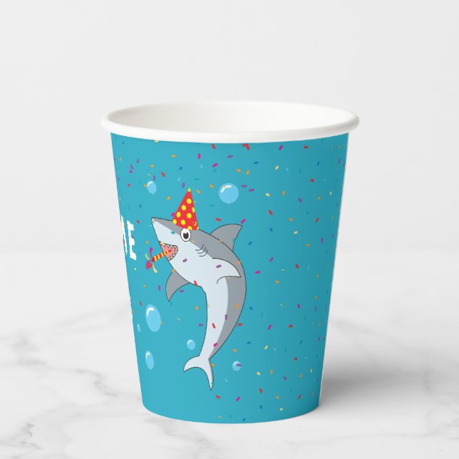 Cute Shark in Ocean Kids Birthday Party Paper Cups (Back)
