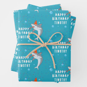 Cute Shark in Ocean Kids Birthday Party Wrapping Paper Sheet