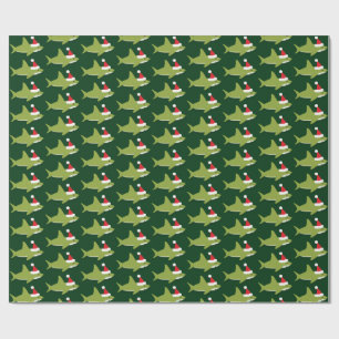 Cute Shark in Santa Hat Green Holiday Christmas Wrapping Paper