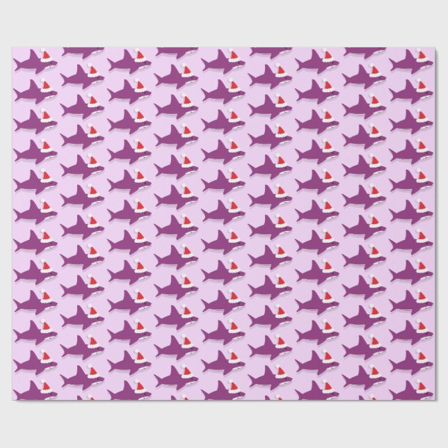 Cute Shark in Santa Hat Purple Holiday Christmas Wrapping Paper (Flat)