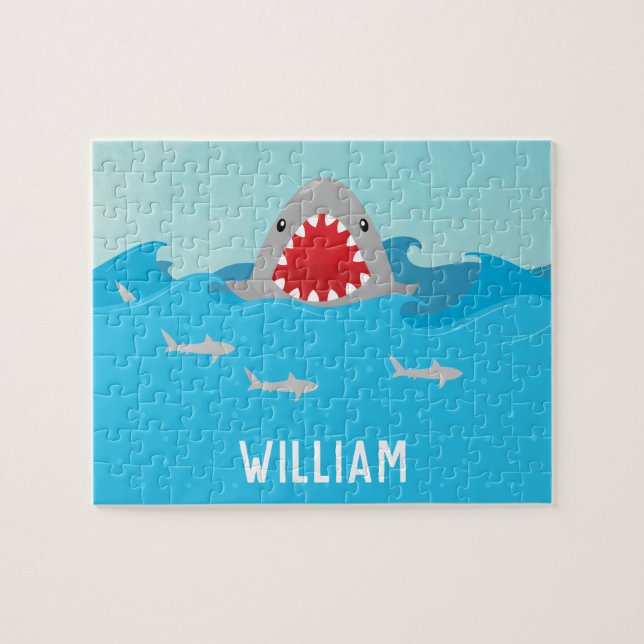 Cute Shark in Water Add Name Jigsaw Puzzle (Horizontal)