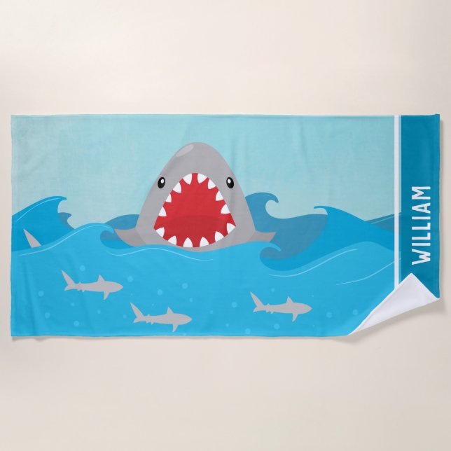 Cute Shark in Water | Boys Personalised Beach Towel (Front)