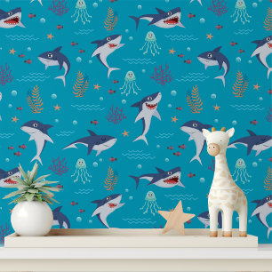Cute Shark Jellyfish Sea Creatures Kids Pattern Wallpaper