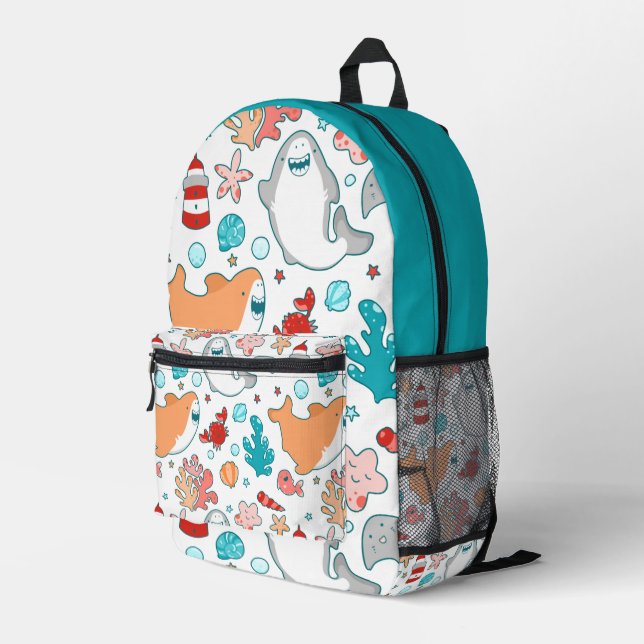 Cute Shark Pattern Printed Backpack (Back Corner Right)